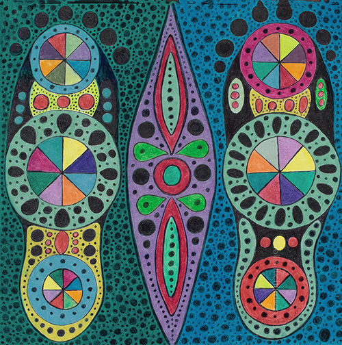 Abrightly colored abstract drawing with organic shape, circles and black dots by Hollis Richardson done in Caran D' Arches Luminious Pencils and ink.