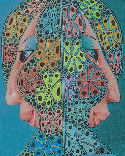 Two young women back to back on turquoise blue with multicolored flowers and black dots, A striking artwork by Hollis Richardson.