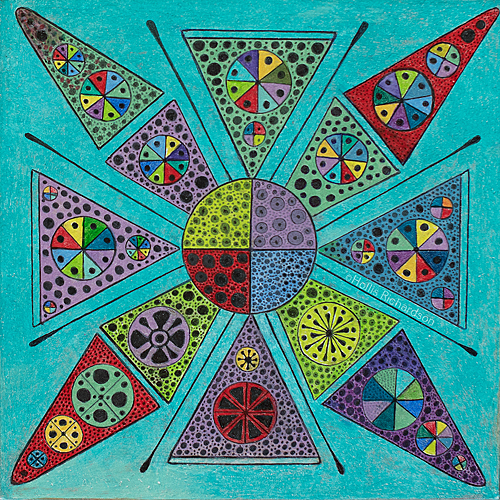 Colorful circles on angular shapes spaced apart and connecting with a central circle, an abstract drawing by Hollis Richardson.