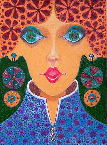 Young women  with similar colors and patterns in thier hair by artist Hollis Richardson. Done in greens, lavender, blues and reds on dark blue background.