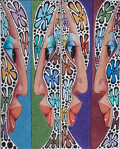 Two young women face to face one with blue and lavender hair with black flowers and bright lipstick by artist Hollis Richardson