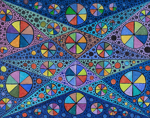 Brightly colored abstract drawing of colored circles on intersecting triangles in shades of blue. An intense artwork by  artist Hollis Richardson.