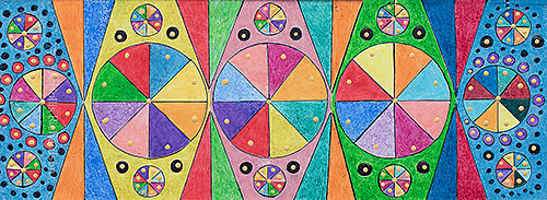 Abstract drawing centered with large segmented colors within larger shapes flanked with smaller colorful circles and gold dots by artist Hollis Richardson.