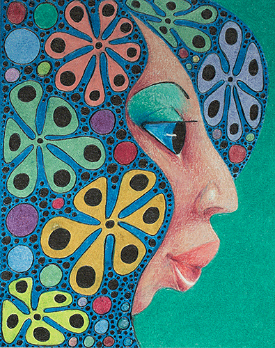 Delightful rendering of two women one green hair the other brown with gold dots, pink lipstick and colorful earrings by Hollis Richardson