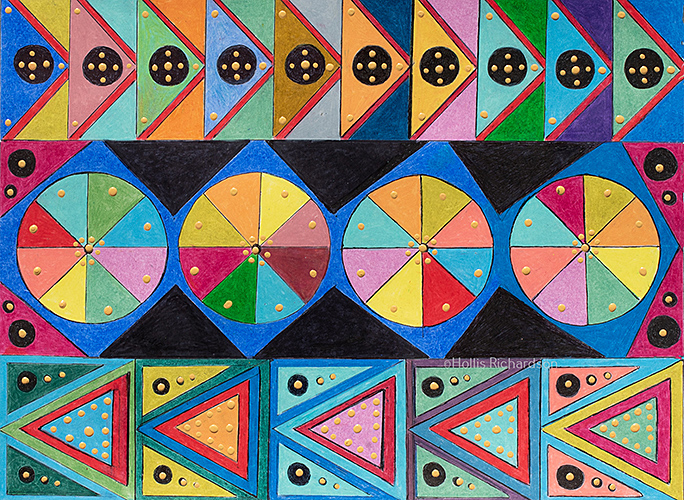 Brillantly colored horizontal abstract of triangles and circles with segments. A mixed media Caran D'Arches Luminous Pencil Drawing by Hollis Richardson