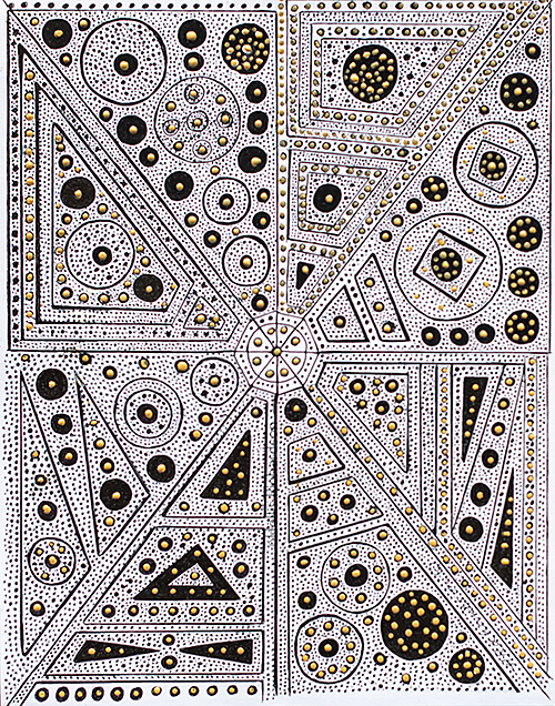 Black and white abstract drawing with gold dots in 4 sections various geometric shapes  by artist Hollis Richardson