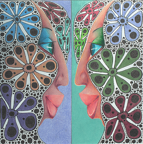 Two women face to face with giant sized flowers  of blues, green, red, rbrosn and purple in their hair surrounded by black dots by artist Hollis Richardson
