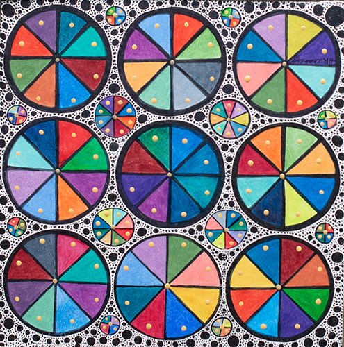 Nine large circles with multicolored segments with 12 smaller circles on black and white, a mixed media drawing by Hollis Richardson