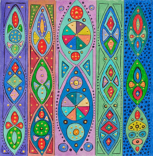Larger  middle column with smaller on each side in various colors, fille with smaller colorful shapes inside elongated shapes of many colo by Hollis Richardson.