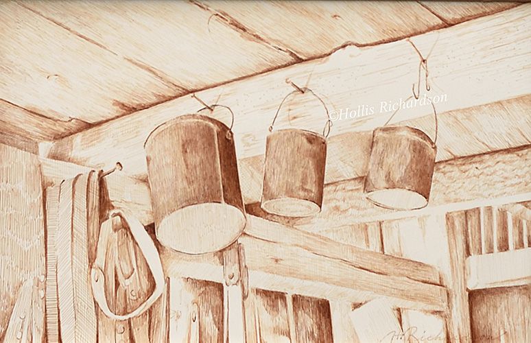 Drawing of old buckets hanging from the ceiling of a 100 year old barn. In brown ink with rapidiograph pen by artist Hollis Richardson. 