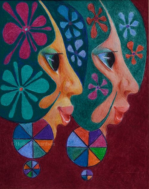 2 young girls facing right on crimson red with hair of blue and green with green, red and pink flowers and round earrings by artist, Hollis Richardson