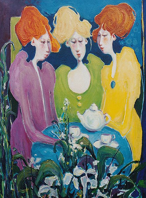 Oil painting of 3 women at a table with tea and flowers done in blues, lavender , greens, yellow and orange by artist Hollis Richardson