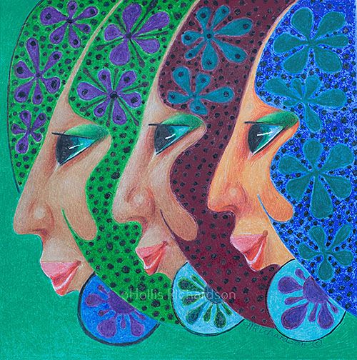 3 young woman with lblue, magenta and greenred hair with blue flowers on a soft green background. Artwork by Hollis Richardson