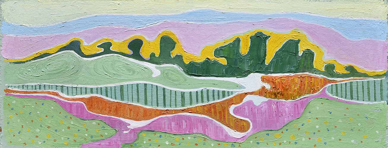 Oil painting of beautiful abstracted landscape done in pastel greens pinks, blue and yellow by Hollis Richardson 