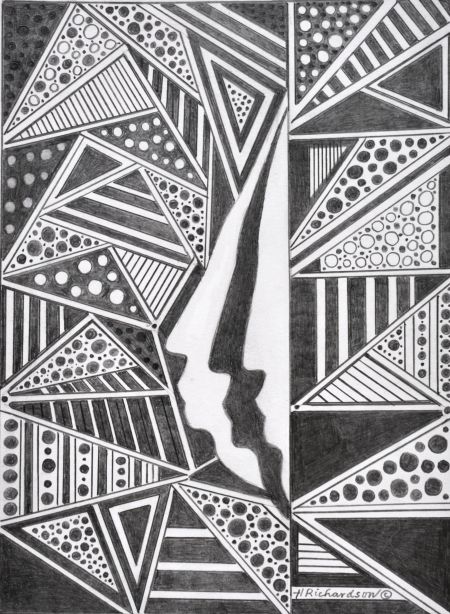 Black and white drawing of 3 faces in silhouette in center surrounded by abstract triangles, dots and lines by artist Hollis Richardson 
