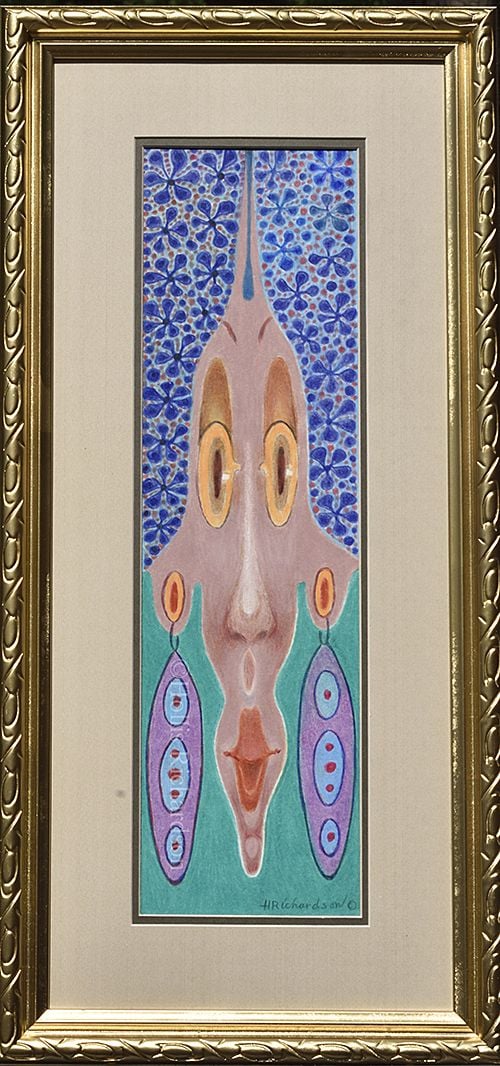 A vertically elongated face with big yellow eyes and long earring on background of blue patterns and light grreen, drawing by artist Hollis Richardson.
