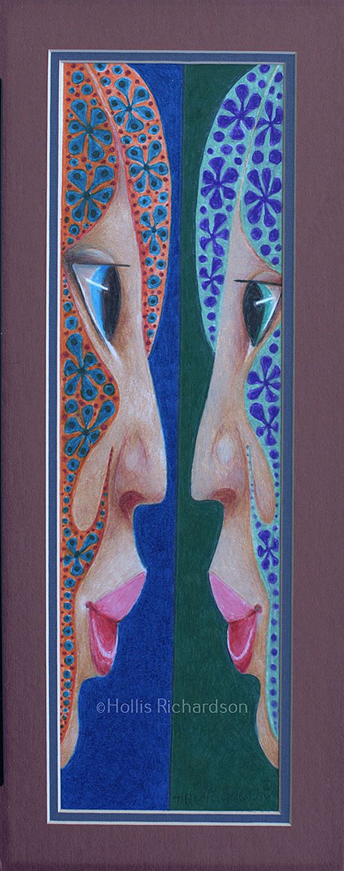 2 women nose to nose, big eyes, light blue hair and orange hair, both with blue flowers on solid and solid green backgrounds. Art by Hollis Richardson


  


