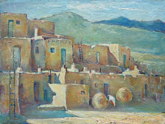 Oil Painting of sunlight pueblo with mountains in the background and  figures cooking at the Kiva by Hollis Richardson. 