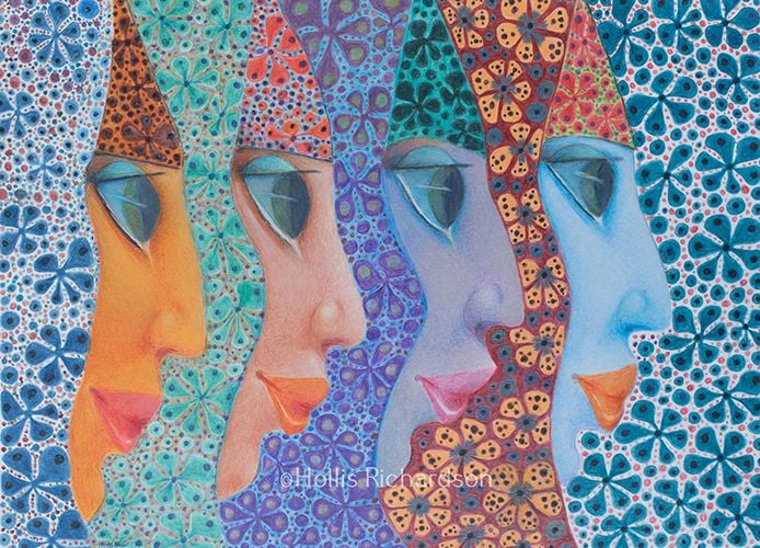 Four young women of different colors wearing brightly colored and patterned scarves by artist Hollis Richardson