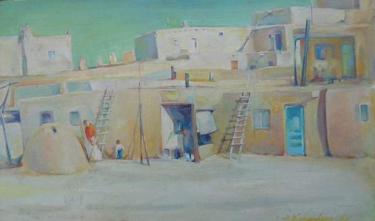 Pueblo with ladders, kiva and people. Light colored oil painting with green sky by Hollis Richardson. 