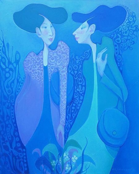 Oil painting of figures fo 2 women in shades of blue, green and lavender by artist Hollis Richardson