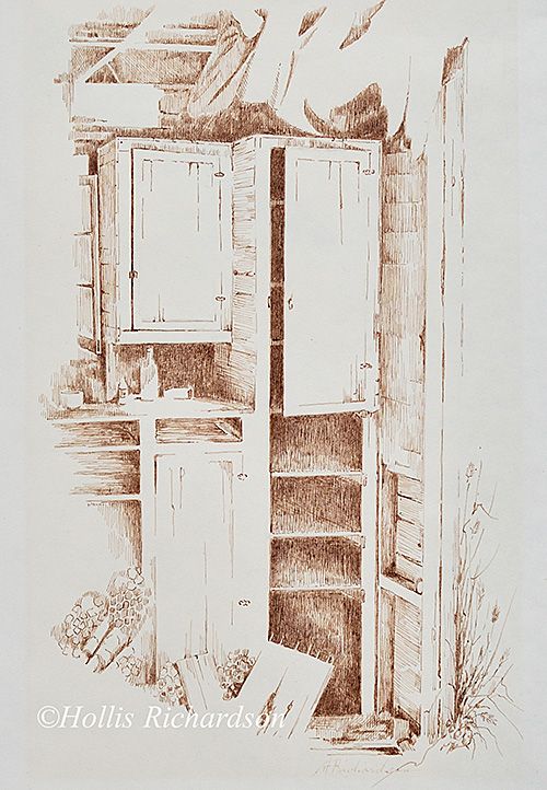 Pen and ink drawing in sepia of a corner of kitchen cupboards, doors hanging off and ceiling collapsing by artist Hollis Richardson.
