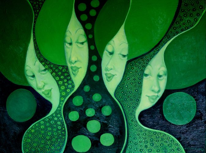 Oil painting of 4 women in shades of green back to back withi patterns between them by artist Hollis Richardson