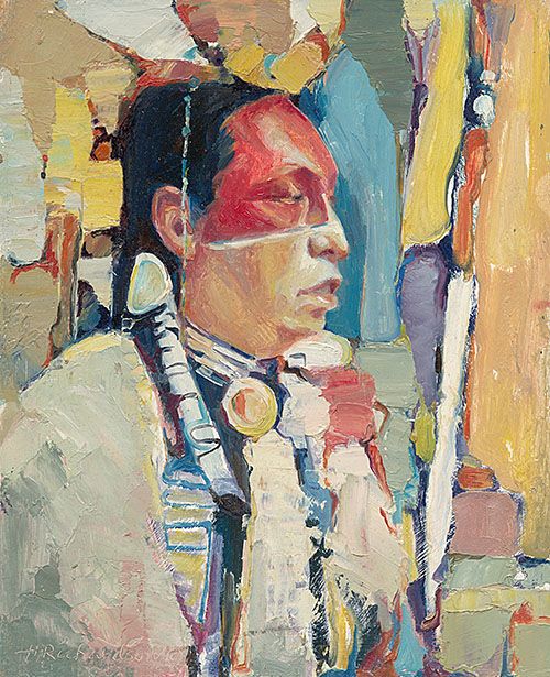 Warrior with red face paint and braids surround by abstract shapes in whites, yellows and blue. Oil painting by Hollis Richardson  
