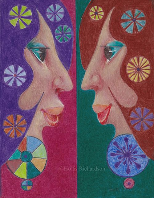 Drawing of two women facing each other with the same hairstyle in purple and brown with contrasting pinwheels in their hair by artist Hollis Richardson 