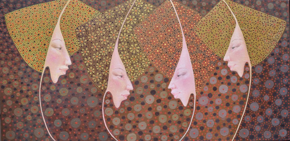 Oil Painting of 4 women’s faces turned toward each other surrounded by a dense patterns of circles and flower shapes in rich browns, gold and orange red by Holl