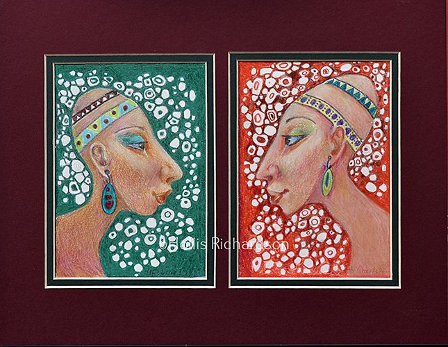 Two faces with elongated, bald head with decorative bands on red and green background surrounded by small white abstract shapes.