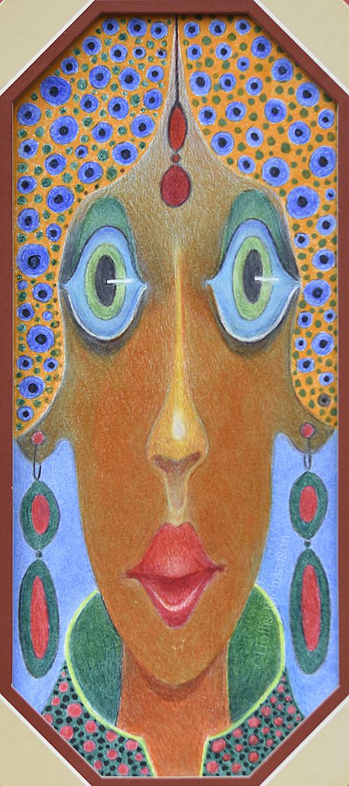 
Young woman in long dripping earrings and big blue eyes looking straight at you by nationally recognized artist, Hollis Richardson
