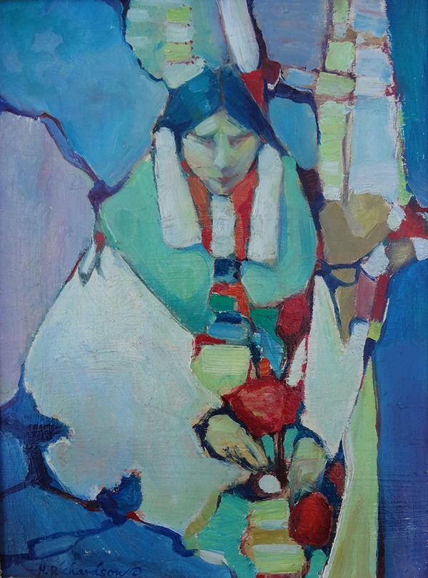 Abstracted figurative oil painting of Native woman cooking in blues and greens by artist Hollis Richardson. Won Best of Show in two different shows.