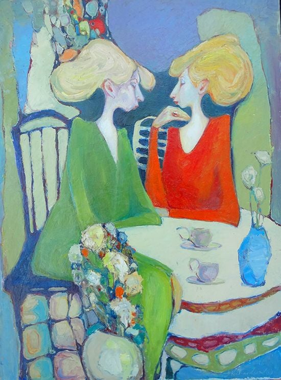 Oil painting of 2 women with coffee in red, green, yellow and blues with abstract shapes by artist Hollis Richardson