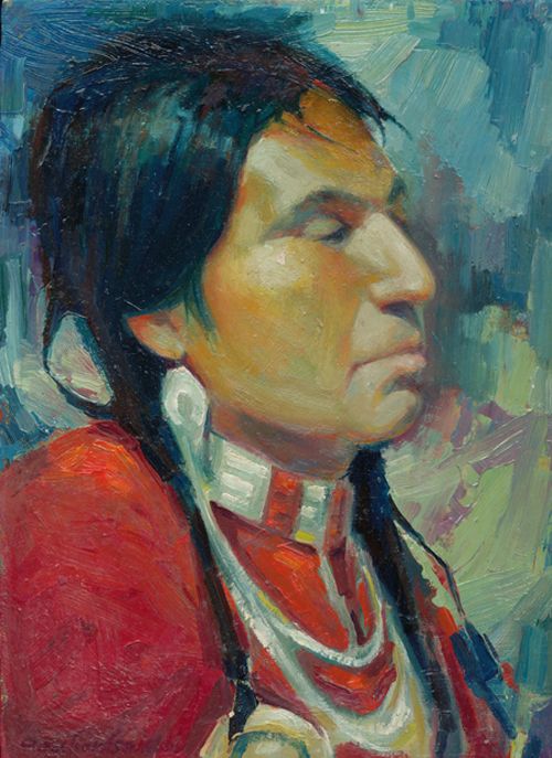 Profile of Native American man in native dress surrounded by paint strokes forming abstract shapes. Oil painting by Hollis Richardson.