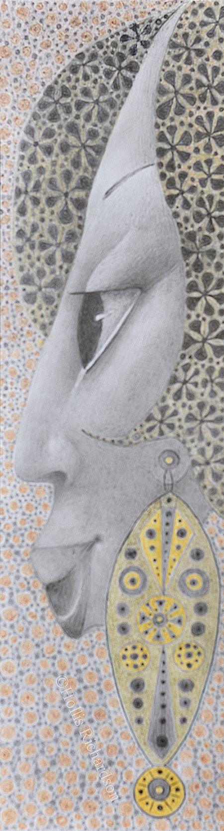 Long profile of a woman's face in subtle shades of gray and pastel orang, long  yellow earrings and beautriful eyes by artist Hollis Richardson.