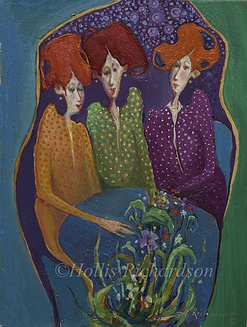 Oil painting of 3 women talking at a table stylized with big red hair on green and blue with gold, clothes  with patterns by artist Hollis Richardson
