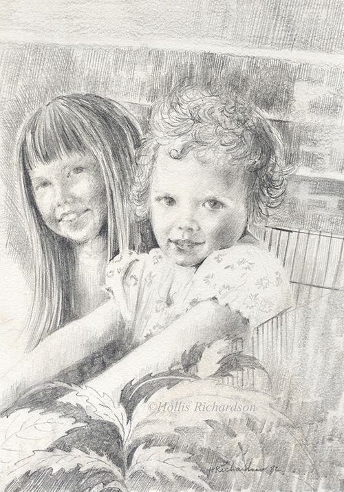 Pencil drawing of two little girls sitting together smiling. One a little older than the other. Done in graphite by artist, Hollis Richardson.