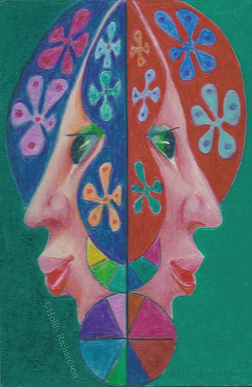 Two women flanked by blue bars and snowflakes in brightly colored print scarves. Prismacolor drawing by Hollis Richardson