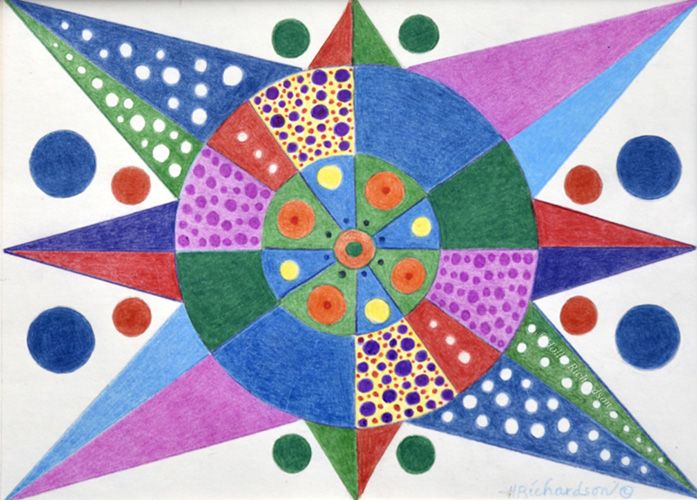 Circle within a circle in sections and triangles outside pointing outward with white negative circles, a brightly colored prismacolor pencil drawing by Hollis R