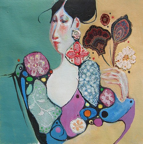 Mixed media oil painting  of women with flowers in pastel shades of turquoise, lavneder, and browns by artist Hollis Richardson