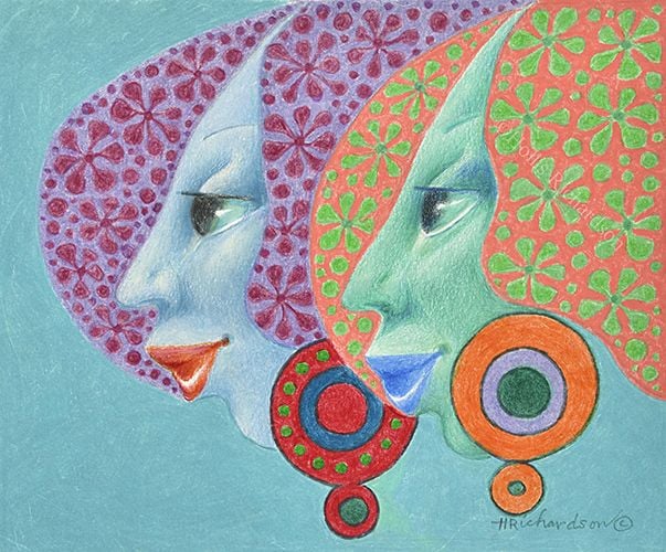 Drawing of 2 lovely women in light blue and green with orange and lavender hair with green on pale blue background by Hollis Richardson