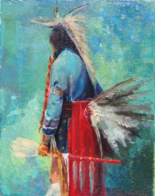 Oil Painting of Native American warrior dressed with a bustle of eagle feathers turned away by Hollis Richardson.