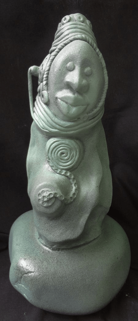 Polymer sculture of figure with coils for hat and assories on stone base  by artist Hollis Richardson