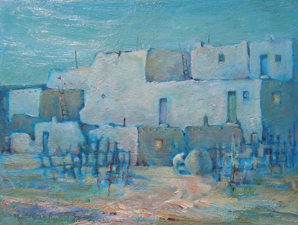 Lovely pueblo oil painting at twilight done in blues with yellow lights in the windows by Hollis Richardson.