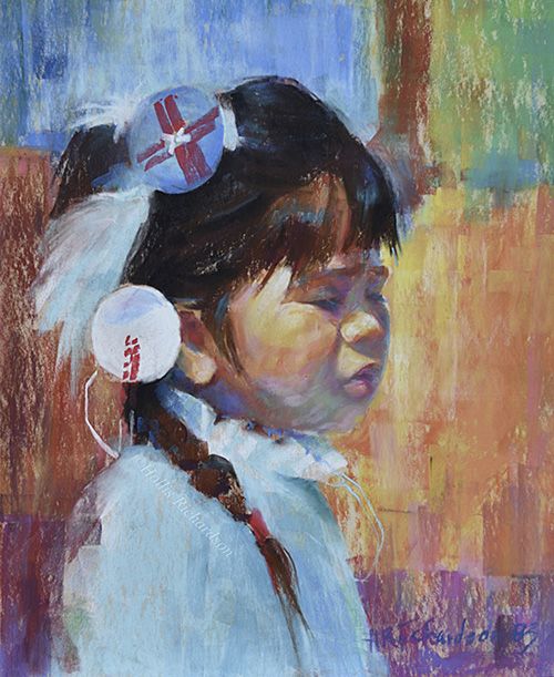 Colorful pastel drawing of Native child eyes lowered and decorations in her hair by nationally recognized artist Hollis Richardson.