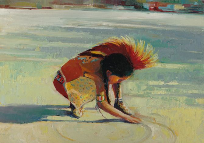 Indian boy in regalia and headdress making circles in the sand. Oil painting done in warm colors by Hollis Richardson.