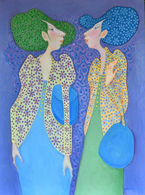 Oil painting in blus, lavender,  yellow of two figures facing each other talking with handbags and patterned clothing  by artist Hollis Richardson