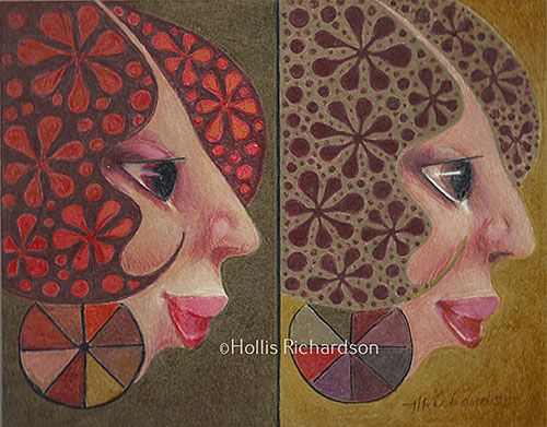 Drawing  of2  women’s faces with dark and light brown hair  with flowers of red and maroon on  olive green background by artist Hollis Richardson 