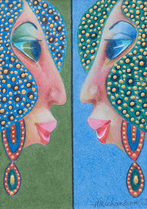 Beautiful young women in blues and greens with gold dots in hair, face to face  by artist Hollis Richardson